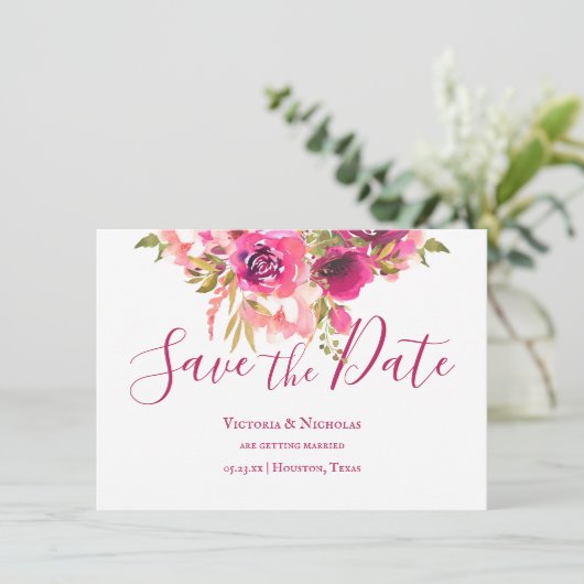 Hot Pink Aquarellfarbe Save the Date Blütenfarbe Einladung (Stehend Vorderseite)