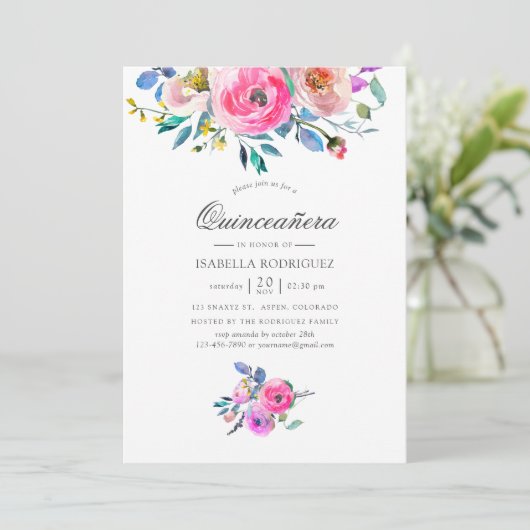 Hot-Pink-Aquarellfarben-Quinceñera Einladung (Stehend Vorderseite)