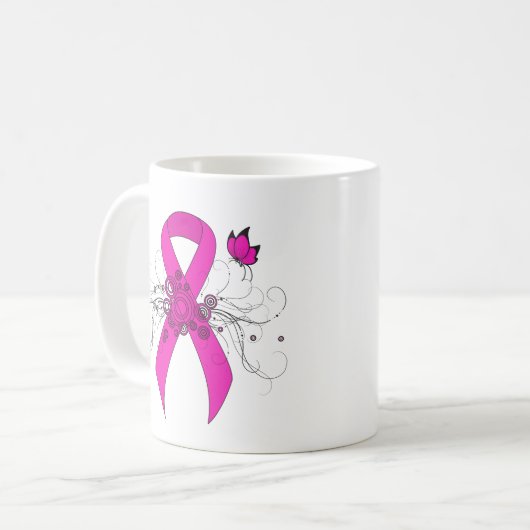 Hot Pink Awareness Band mit Butterfly Kaffeetasse (Vorderseite Links)