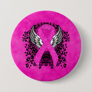 Hot Pink Awareness Ribbon mit Flügeln Button
