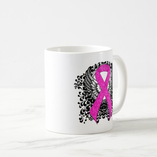 Hot Pink Awareness Ribbon mit Wings Coffee Tasse (VorderseiteRechts)