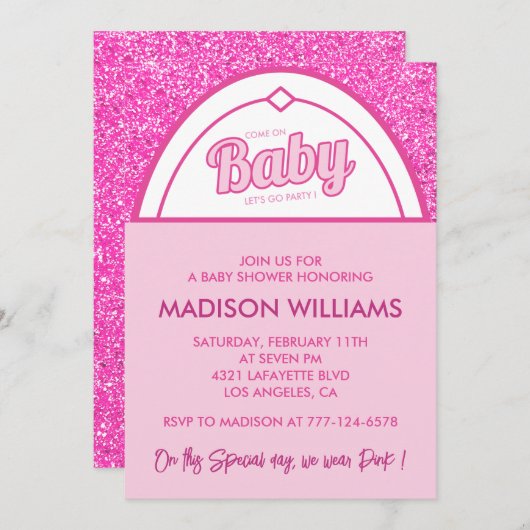 Hot Pink Babydusche Einladung Typografie Glitzer (Vorne/Hinten)