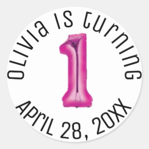 Hot Pink Balloon First Girl Birthday Modern Party Runder Aufkleber