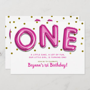 Hot Pink Balloons Gold Dots ONE 1. Geburtstag Part Einladung