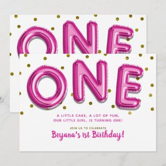 Hot Pink Balloons Gold Dots ONE 1. Geburtstag Part Einladung
