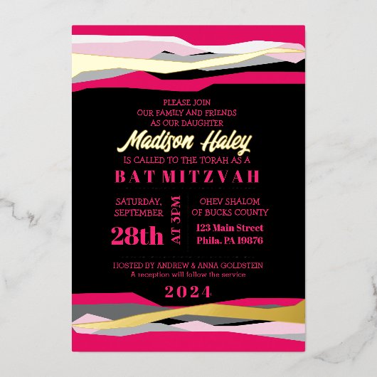 Hot Pink Bar Bat Mitzvah Einladung mit Goldfolie (Vorderseite)