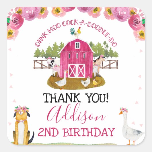 Hot Pink Barn Farm Geburtstag Danke Sticker (Vorderseite)