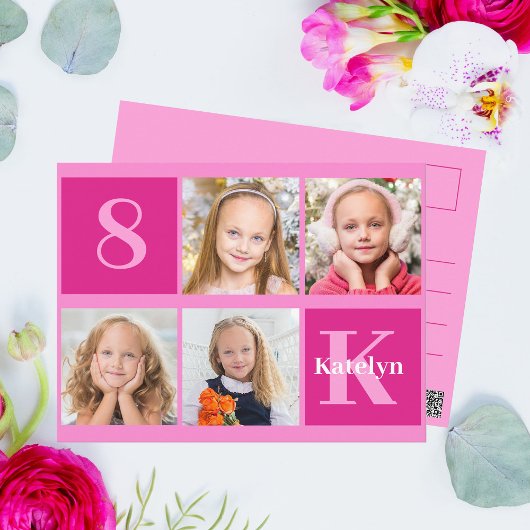 Hot Pink Birthday Girl Foto Collage Chic Postkarte