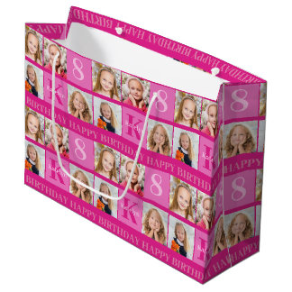 Hot Pink Birthday Girl FotoCollage Personalisiert Große Geschenktüte