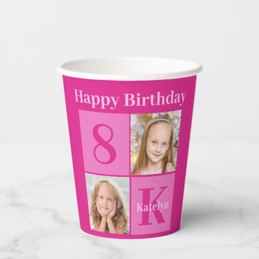 Hot Pink Birthday Girl Niedliches Custom Foto Part Pappbecher (Rückseite)