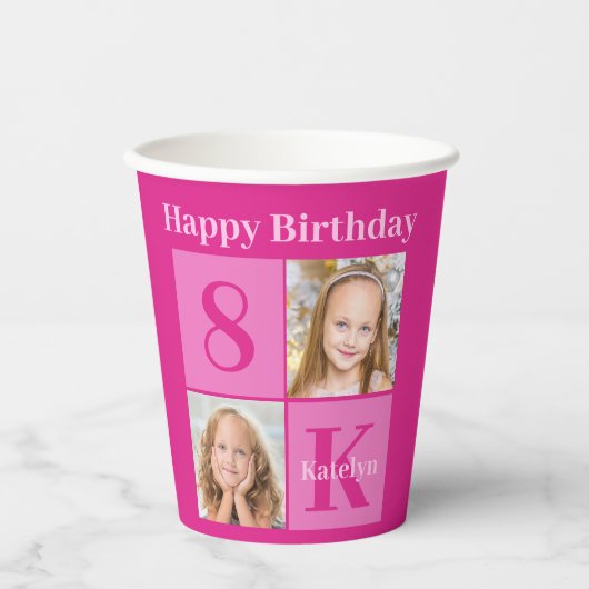 Hot Pink Birthday Girl Niedliches Custom Foto Part Pappbecher (Vorderseite)