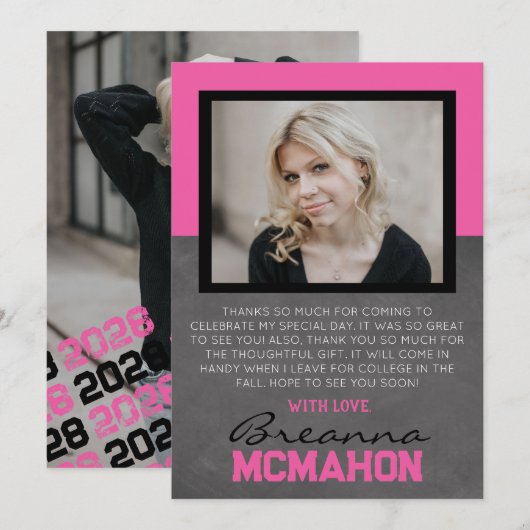 Hot Pink & Black Abschluss 2 Foto Dankeschön Karte (Vorne/Hinten)