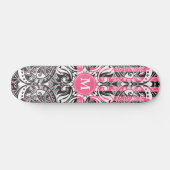 Hot Pink, Black and White Mandala - Monogramm Skateboard (Horizontal)