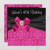 Hot Pink Black Damask Geburtstagsparty Einladung (Vorne/Hinten)