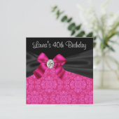 Hot Pink Black Damask Geburtstagsparty Einladung (Stehend Vorderseite)