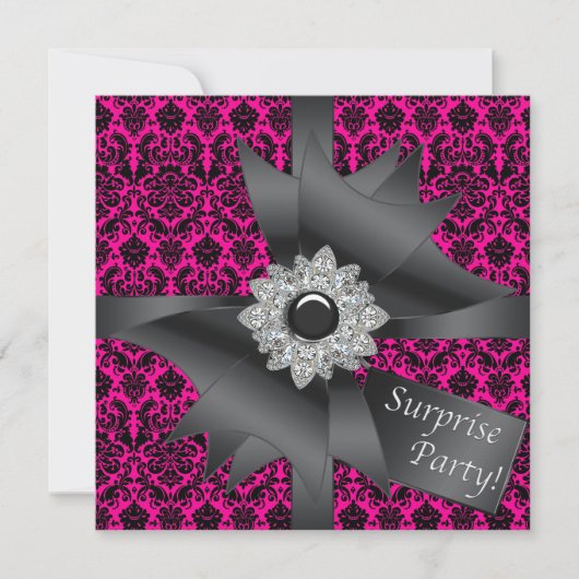 Hot Pink Black Damask Geburtstagsparty Einladung (Vorderseite)