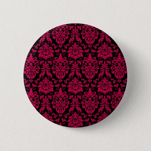 Hot Pink Black Damask Muster Button (Vorderseite)