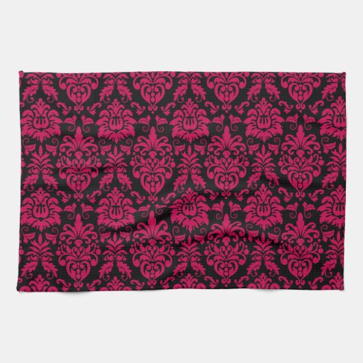 Hot Pink Black Damask Muster Handtuch (Horizontal)