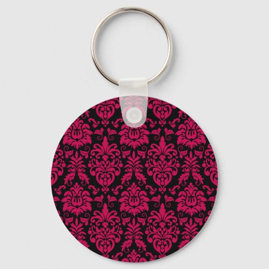 Hot Pink Black Damask Muster Schlüsselanhänger (Vorderseite)