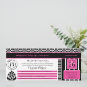 Hot Pink Black Damask Quinceanera Boarding Pass Einladung (Stehend Vorderseite)