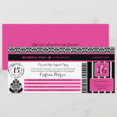 Hot Pink Black Damask Quinceanera Boarding Pass Einladung (Vorne/Hinten)