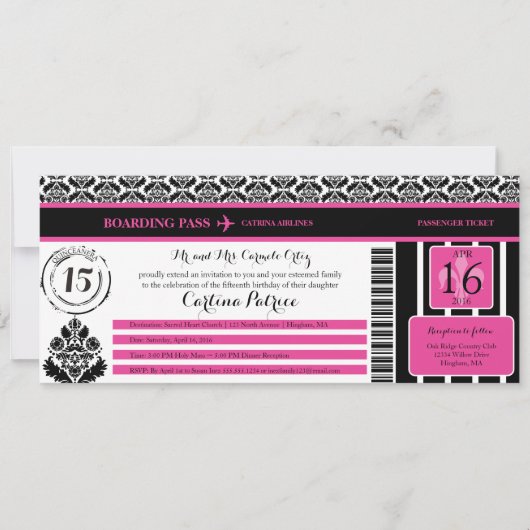 Hot Pink Black Damask Quinceanera Boarding Pass Einladung (Vorderseite)