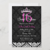 Hot Pink Black Damask & Tiara Sweet 16 Einladung (Vorderseite)