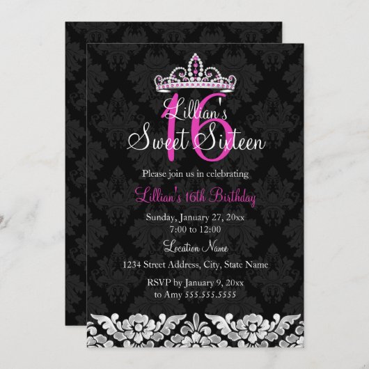 Hot Pink Black Damask & Tiara Sweet 16 Einladung (Vorne/Hinten)