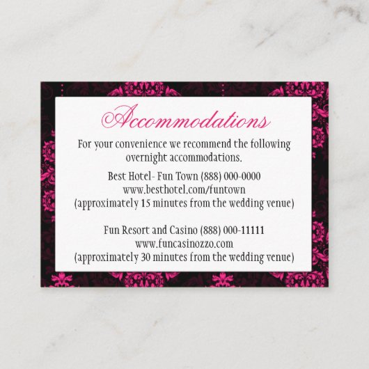 Hot Pink Black Damask Wedding Empfang Cards Begleitkarte (Vorderseite)