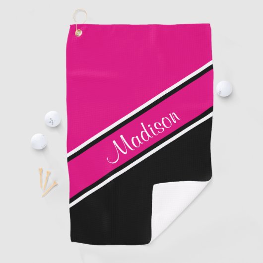 Hot Pink Black Diagonal Strip Skriptname Golfhandtuch (Insitu)