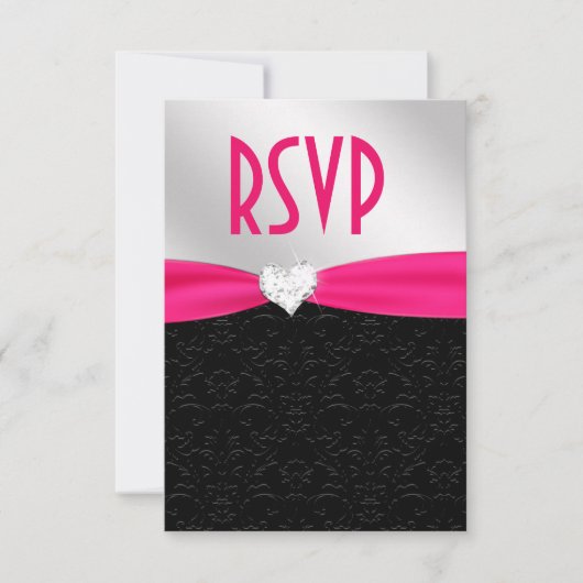 Hot Pink Black Floral Damask Diamond Herz UAWG RSVP Karte (Vorderseite)