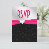 Hot Pink Black Floral Damask Diamond Herz UAWG RSVP Karte (Stehend Vorderseite)