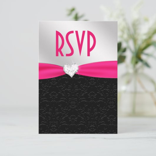 Hot Pink Black Floral Damask Diamond Herz UAWG RSVP Karte (Stehend Vorderseite)