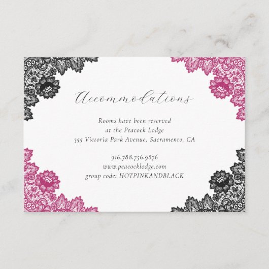 Hot Pink Black Floral Lace Wedding Accommodation Begleitkarte (Vorderseite)