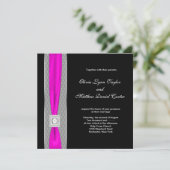 Hot Pink Black Fuchsia Pink Bow Wedding Einladung (Stehend Vorderseite)