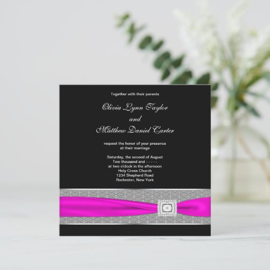 Hot Pink Black Fuchsia Pink Bow Wedding Einladung (Stehend Vorderseite)