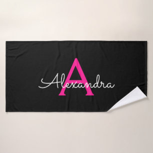 Hot Pink Black Girl Monogram Name Modern Badehandtuch