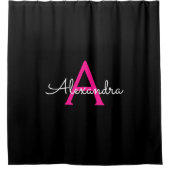 Hot Pink Black Girl Monogram Name Modern Duschvorhang (Vorderseite)