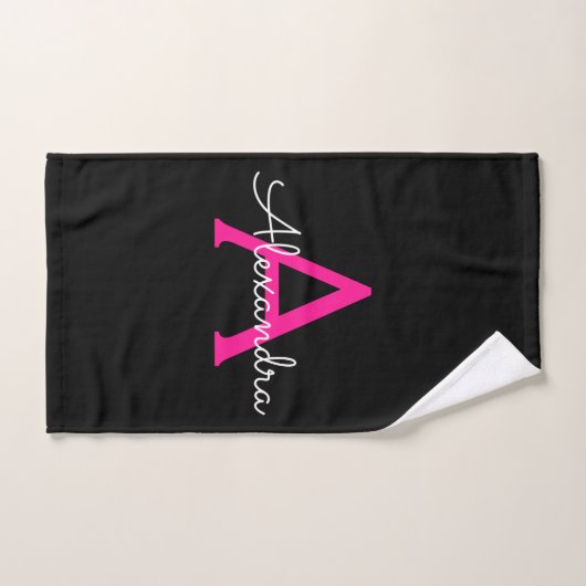 Hot Pink Black Girl Script Monogram Name Handtuch (Handtuch)