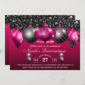 Hot Pink & Black Glitzer Baubles Quinceanera Einladung (Vorne/Hinten)