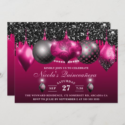 Hot Pink & Black Glitzer Baubles Quinceanera Einladung (Vorne/Hinten)