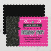 Hot Pink & Black Glitzer Girls Party Einladungen (Vorne/Hinten)