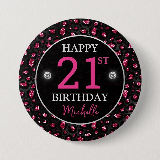 Hot Pink & Black Glitzer Leopard Spots Geburtstag Button (Vorderseite)