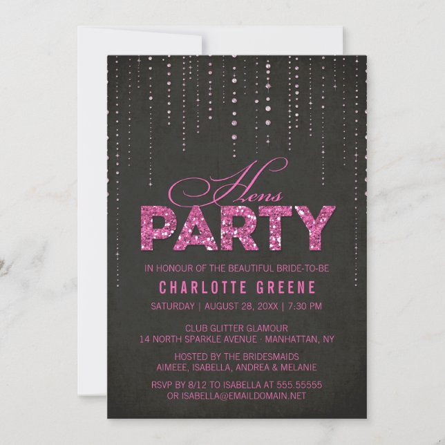 Hot Pink & Black Glitzer Look Hens Party Einladung (Vorderseite)