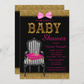 Hot Pink Black Gold Princess Kinderdusche Einladung (Vorne/Hinten)