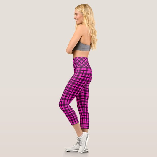 Hot Pink Black Goth Kariertes Muster Capri Leggings (Links)