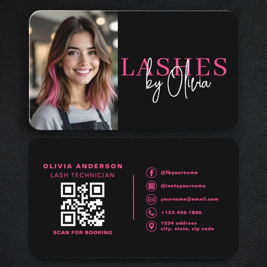 Hot Pink Black Lash Technician Photo QR Code Visitenkarte