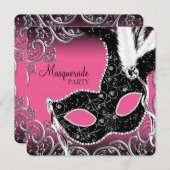Hot Pink Black Mask Masquerade Party Einladung (Vorne/Hinten)