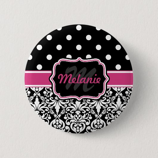 Hot Pink Black Mit Monogramm Damask Polka Dot Button (Vorderseite)