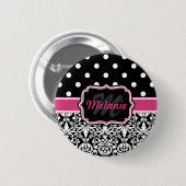 Hot Pink Black Mit Monogramm Damask Polka Dot Button (Vorne & Hinten)